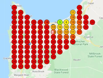 The map is covered with many coloured dots, from green to red. Green represents good coverage, while red means not so good. This map is mostly red, indicating that the business didn't reach much in that area, or has weak coverage.