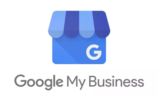 A business booth in blue has the letter G on its right side, and there is a heading for the graphic, which reads "Google My Business."