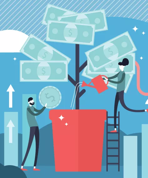 In a graphic, there is a large red pot with dollar bills growing on its branches while a woman who climbed up a ladder is watering it from above. And then, a man gradually drops a dollar coin into the pot. It clearly shows the importance of having a market development strategy because it can help you reach a wider audience of potential customers and propel your company forward.