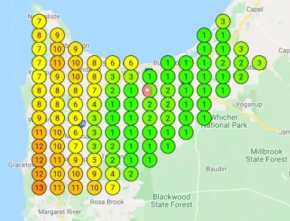 This map here shows mostly green with shade up to red, showing that he has much better coverage for his business than the one on the previous map.