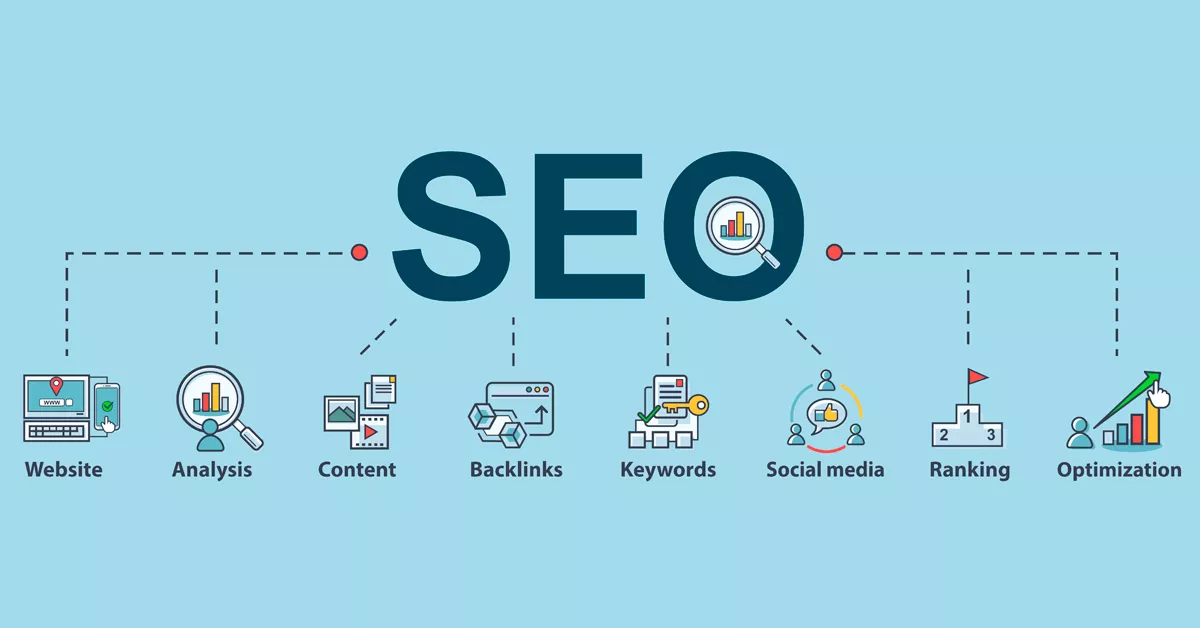 There is a heading that reads SEO, with eight bridges representing the most effective digital marketing techniques to increase traffic and create a strong online presence for your website.