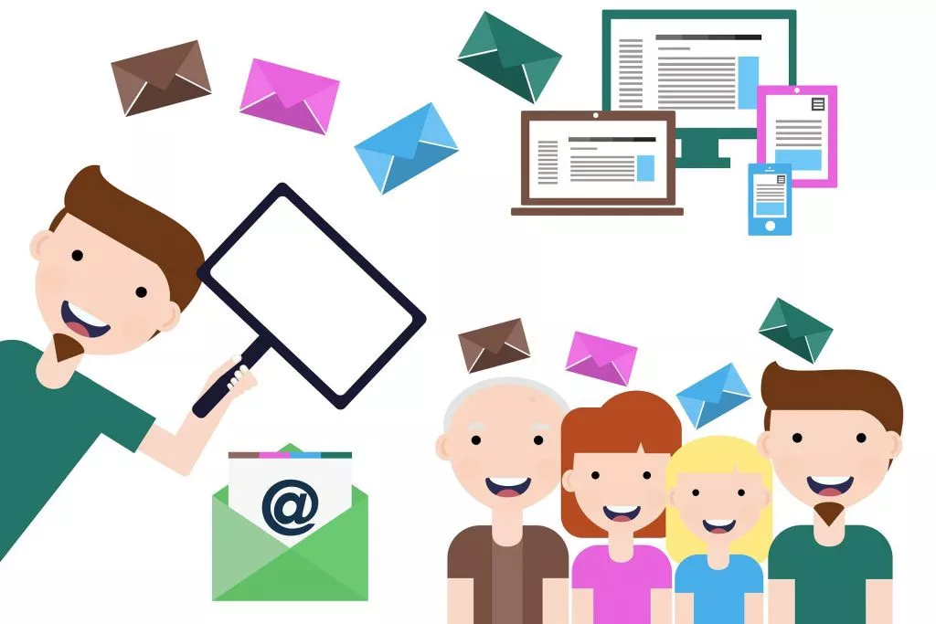 On the left side, a happy man carrying a blank placard and at the bottom was an envelope with an “at” symbol. On the right side are four happy people with envelopes above them. In the upper section, you'll find electronic devices, including a computer, laptop, tablet, and cell phone, that may have good content and keywords that can help a website rank organically.