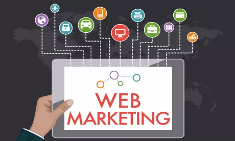 Right hand holding a tablet, which has Web Marketing written with eleven different bridges representing the various method of web marketing.