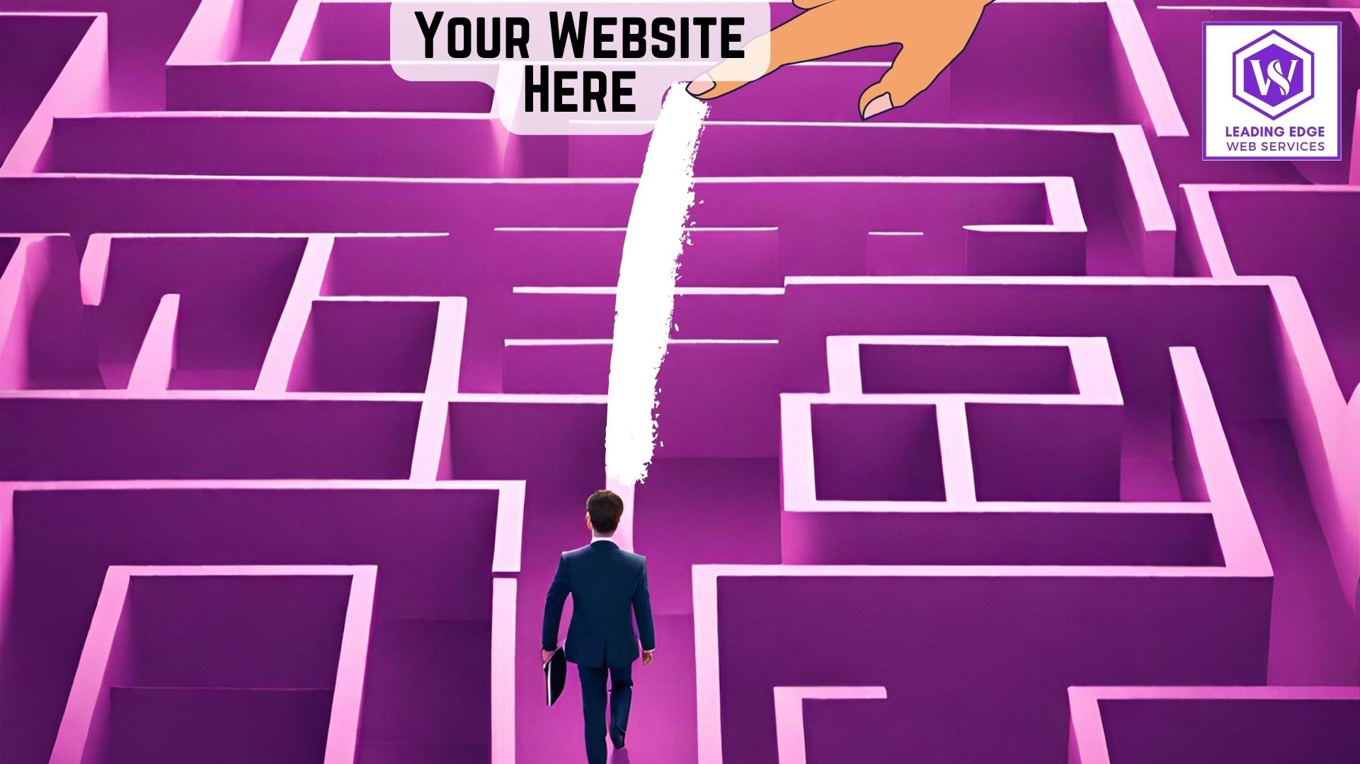 A person standing inside a maze goes to a sign that says "Your Website Here". This image represents the importance of having an easy-to-navigate website.