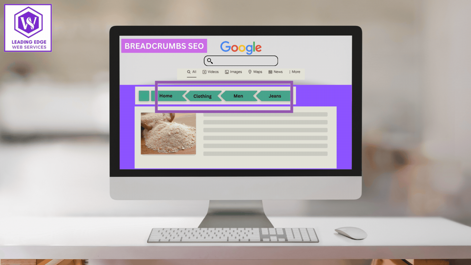 The image displays a computer monitor showing a Google search page with an overlay emphasizing the concept of “Breadcrumbs SEO”. It illustrates the pathway from “Home” to “Clothing” to “Men” to “Jeans”, demonstrating how users can easily navigate or trace their steps on a website. This image visually explains the concept of Breadcrumbs SEO, a user-friendly site navigation tool that helps users trace their path from the homepage to their current location.