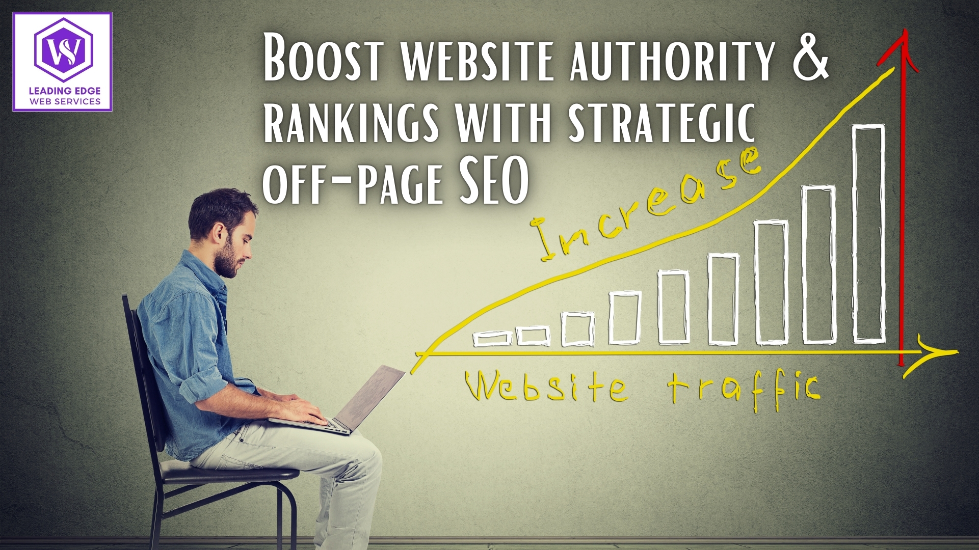 The image depicts enhancing website authority and rankings through strategic off-page SEO. It shows a person working on a laptop, with graphical representations indicating increased website traffic. This visually signifies the positive impact of effective off-page SEO strategies on website traffic and authority. The caption of this image reads, Boost website authority & rankings with strategic off-page SEO.